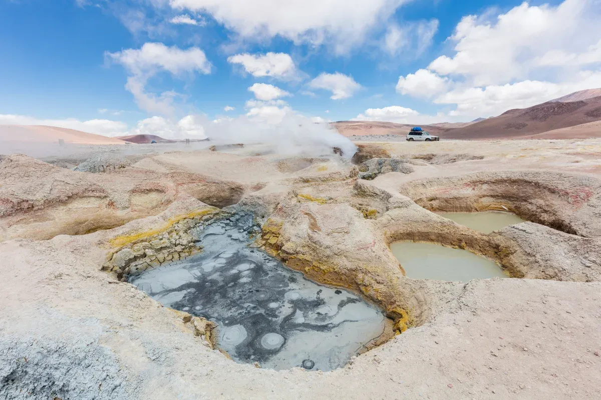 Boiling mud pools at the Sol de Mañana geysers on a three-day Uyuni salt flats tour