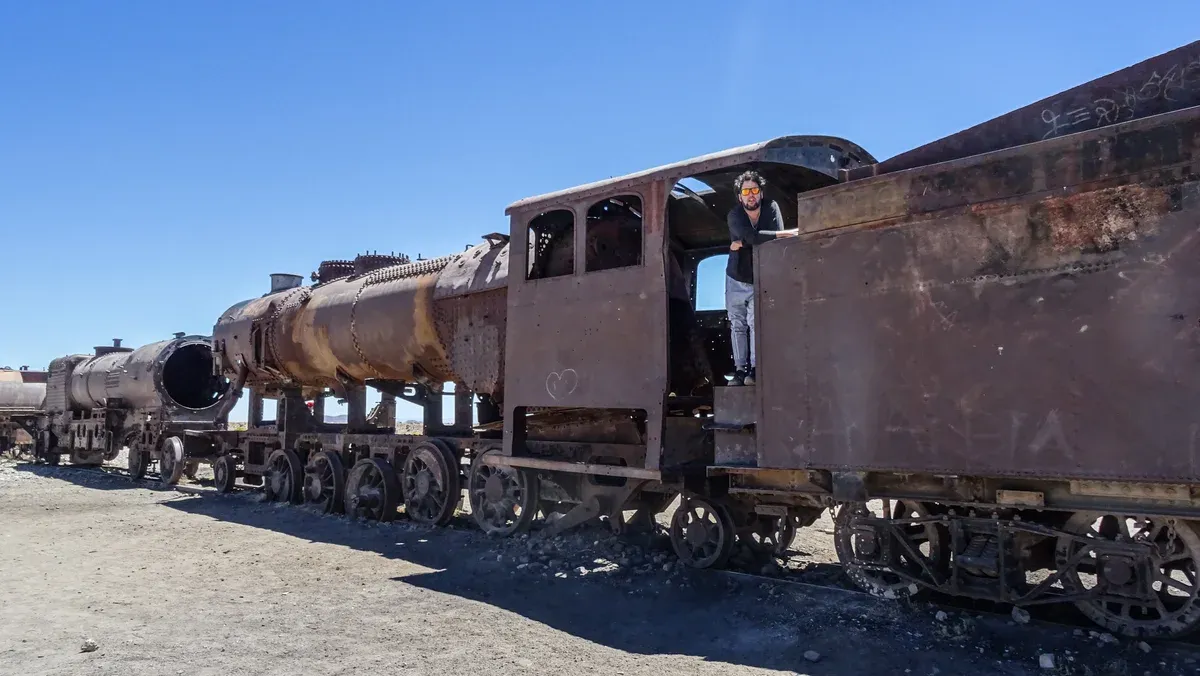 Rusting steam locomotives at the Train Cemetery outside town on an Uyuni salt flats tour